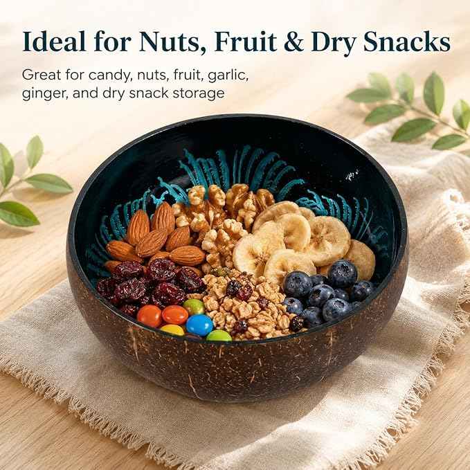 ChezMax Natural Coconut Bowl With Mother of Pearl Inlaid Shell - Key Holder for Entryway Table, Candy Container, Nuts and Dry Snacks Storage - Round Handcrafted Decoration