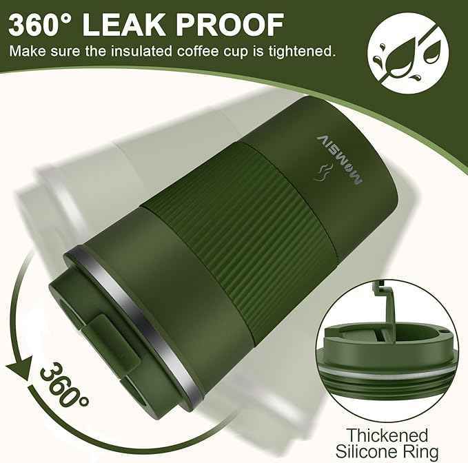 MOMSIV 12oz Travel Mug, Insulated Coffee Cup with Leakproof Lid, Vacuum Stainless Steel Double Walled Reusable Tumbler for Hot and Cold Water Coffee and Tea In Travel and Car Armygreen 380ML