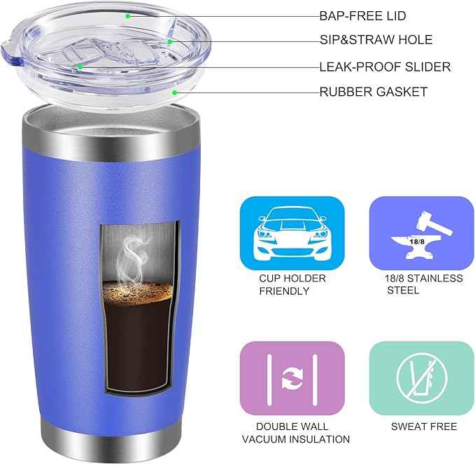 VEGOND 20oz Tumbler with Lid and Straw Stainless Steel Tumbler Cup Bulk Vacuum Insulated Double Wall Travel Coffee Mug Powder Coated Coffee Cup, Blue, 6 Pack