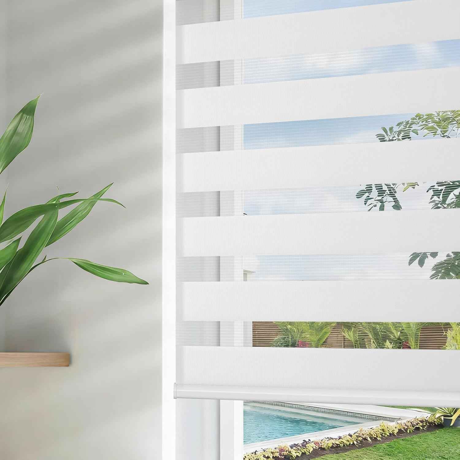 Joydeco White Sheer Zebra Blinds for Windows Cordless 70 Inch Wide,Privacy Light Filtering Dual Layer Roller Shades for Home Office Bedroom, 70" W×75" H