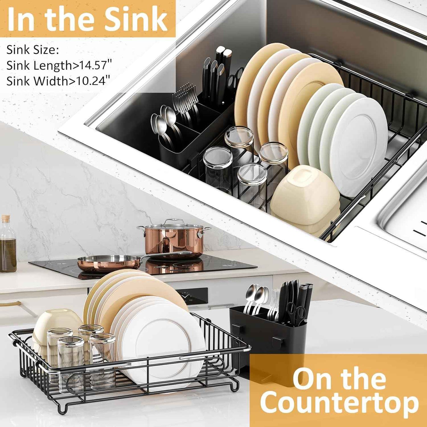 Expandable in Sink Dish Drying Rack,Small Dish Rack Over Sink with Utensil Holder,Stainless Steel Dish Drainers for Kitchen Counter,Sink Drying Rack for Small Space,14.57“-20.87”L x 10.24“W x 2.76”D