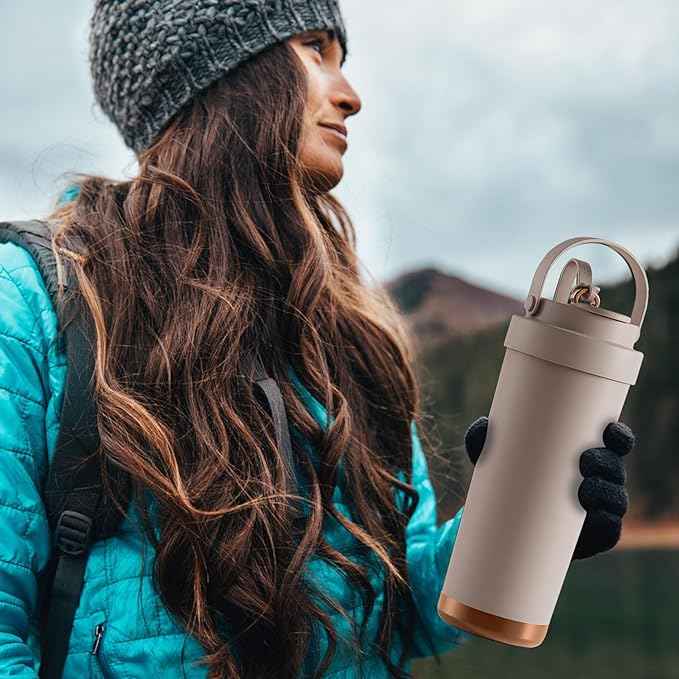 26oz Ceramic Coated Water Bottle, 3-Way Drinking (Straw/Sip/Wide Mouth), 6H Hot & Cold Insulated Water Bottle Leakproof Travel Cup with Handle - Cofffee Brown