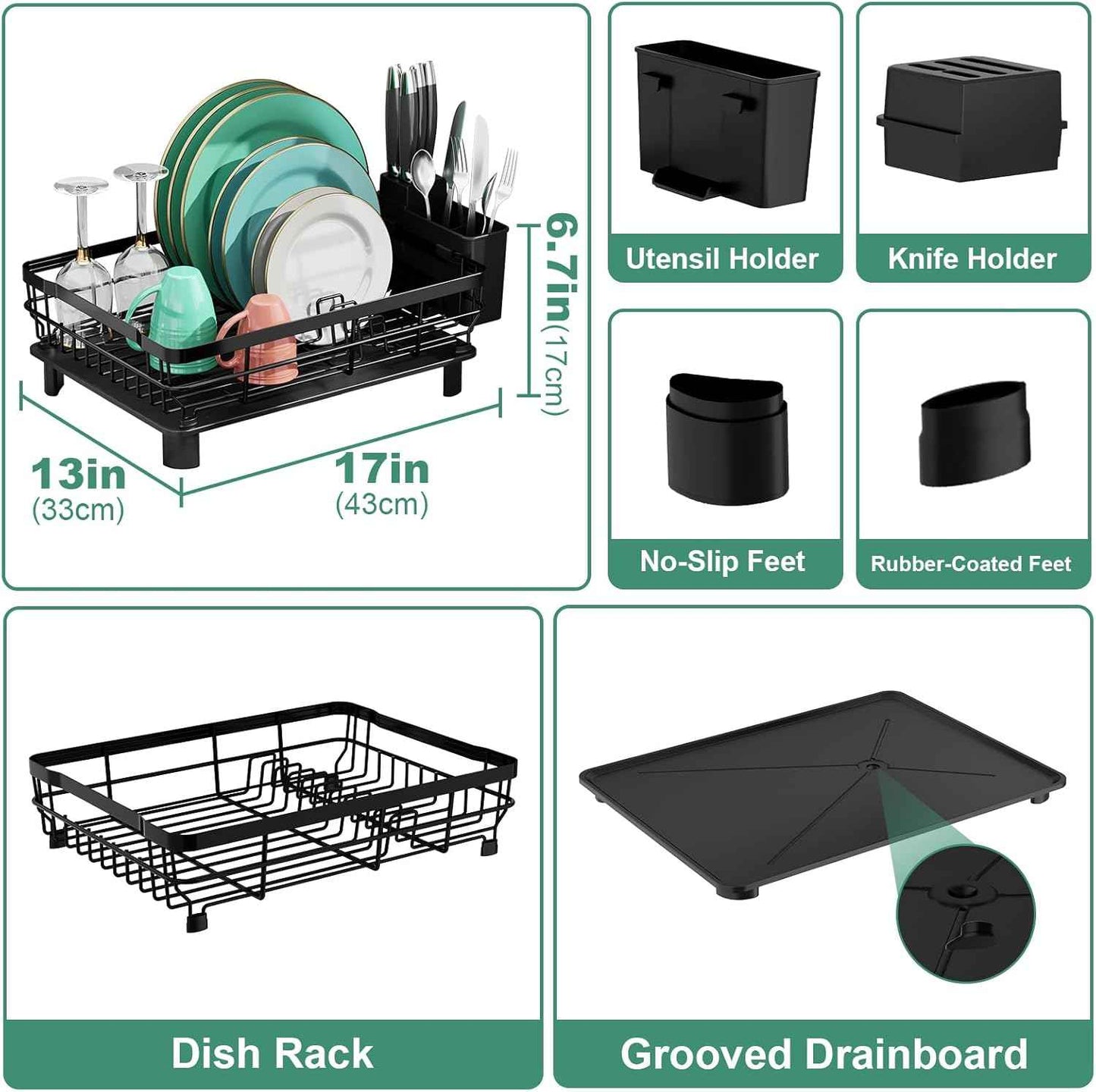 MOUKABAL Dish Drying Rack, Dish Rack, Stainless Steel Dish Racks for Kitchen Counter, Dish Drainer with Removable Utensil Holder, Drainboard (Black,13''W x 17''L)