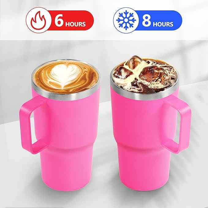 20 oz Tumbler with Handle, insulated cup coffee mug with lid, straw and handle, Double Wall Stainless Steel Vacuum Coffee Tumbler travel mug spill proof, 1pcs Rose Red