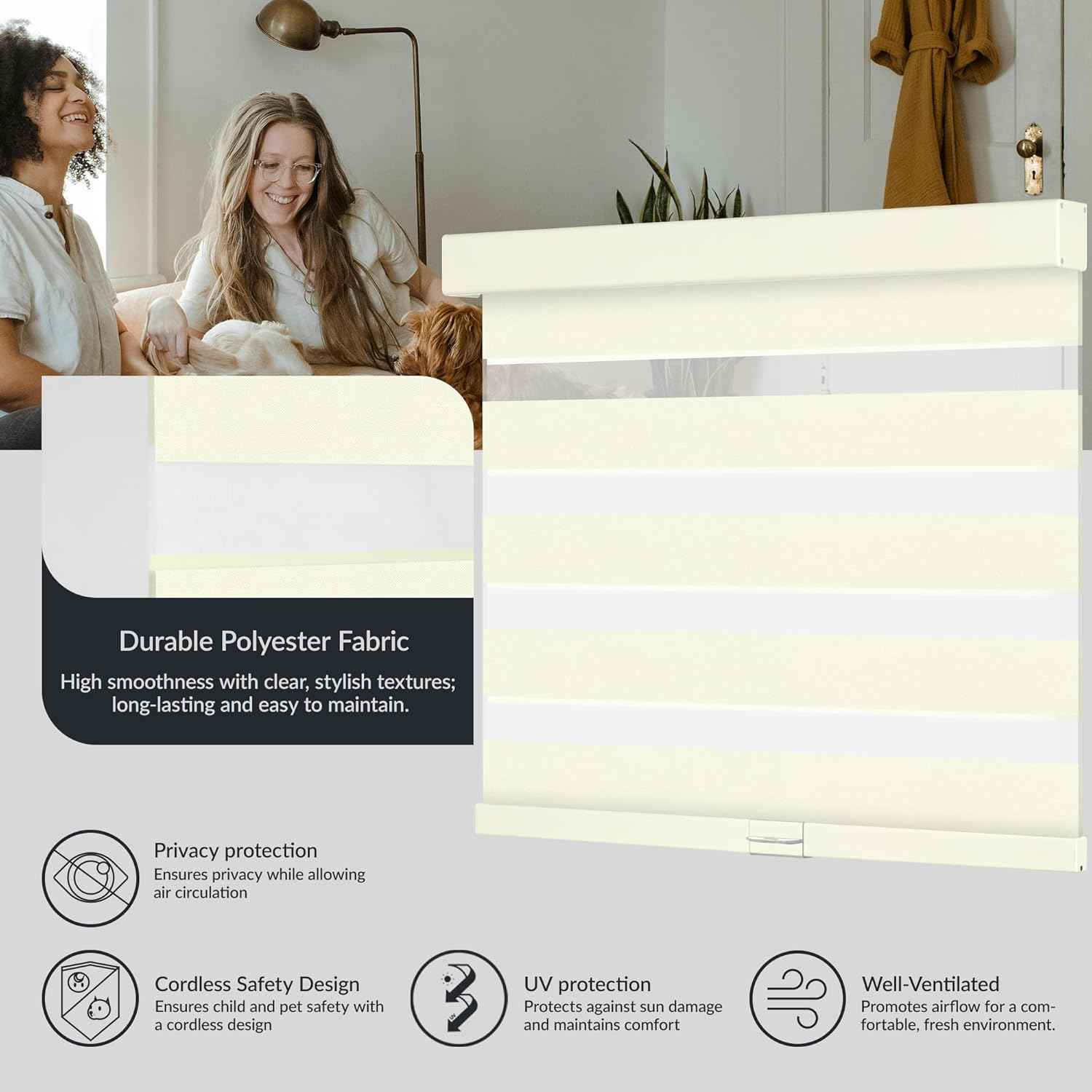 Boolegon Cordless Zebra Blinds for Windows Light Filtering Roller Shades Dual Layer Day and Night Privacy,Light Control,Easy to Install for Home, Beige, 28" W x 80" H