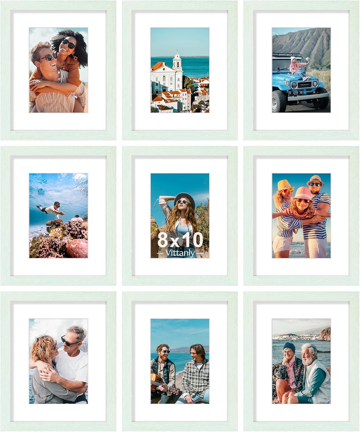 Vittanly 8x10 Picture Frames Set of 9, Shatter Resistant Plexiglass, Display 5x7 Pictures with Mat or 8x10 without Mat, Photo Frames for Wall or Tabletop, Engineered Wood, Vintage Green