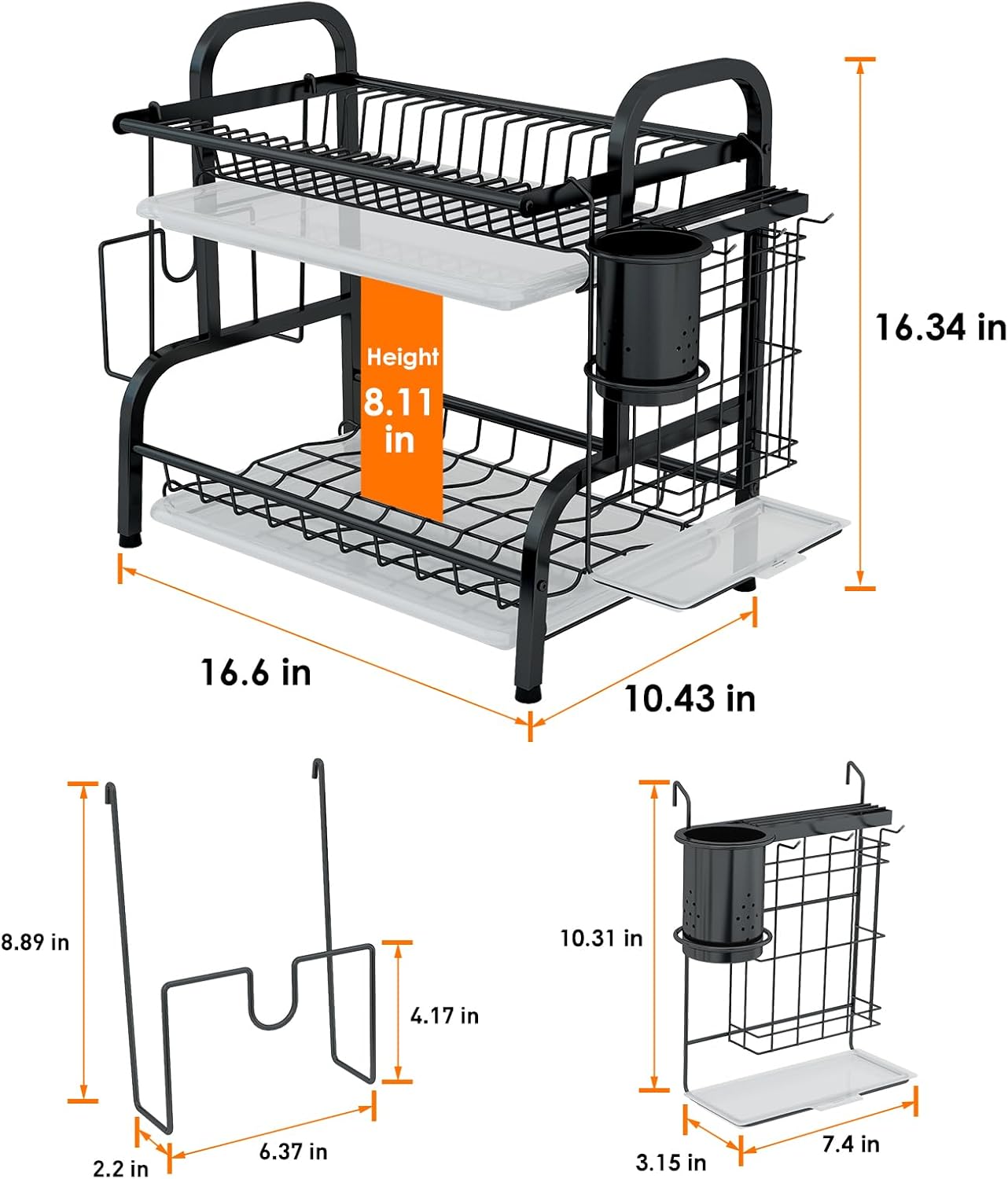 2-Tier Stainless Steel Dish Drying Rack, Space-Saving Kitchen Organizer for in/Over Sink/Counter, with Removable Drain Tray & Cutlery Holder & Utensil Holder, Black