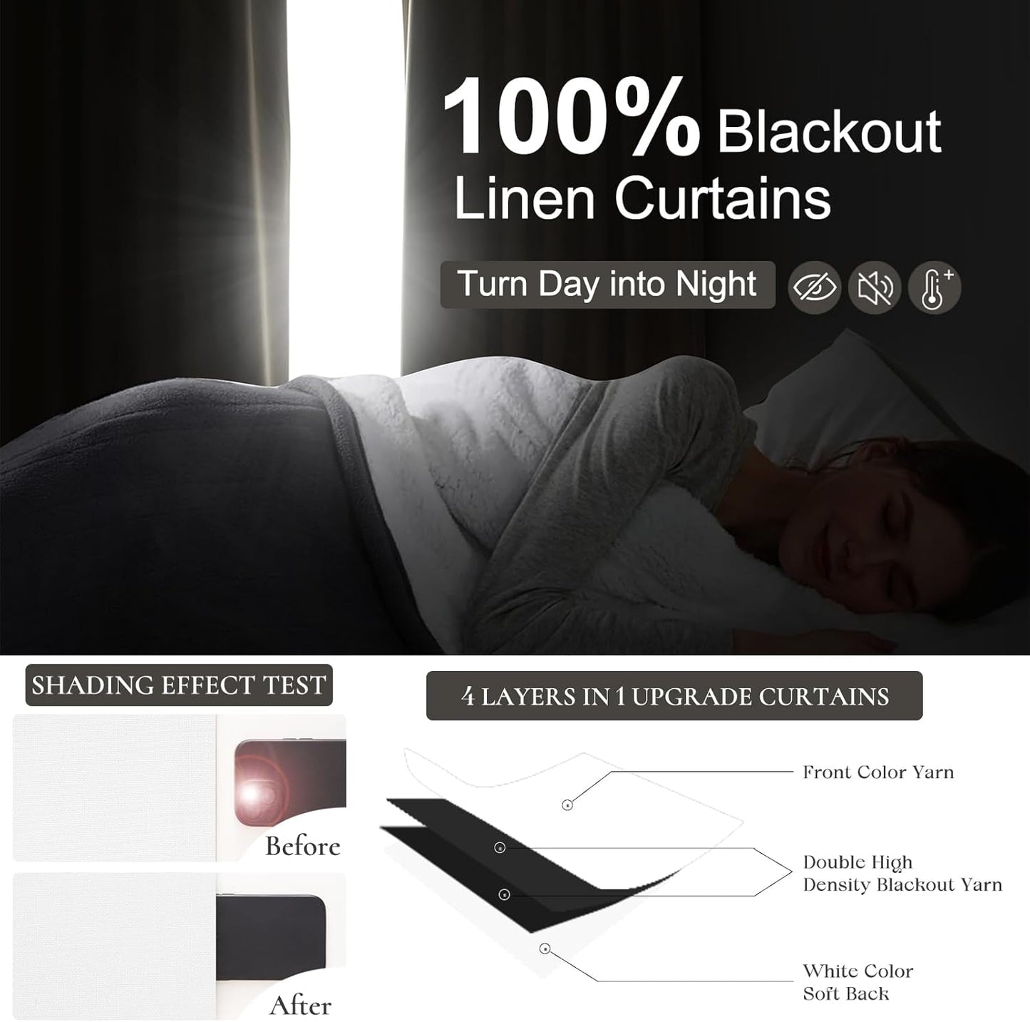 Bright White Full Blackout Natural Linen 100 Inch Curtains Para Sala 2 Panels Set, Memory Shape Pinch Pleated Room Darkening Drapes Insulated Sound Dampening 40 x 100 Inches Curtain for Dining Room