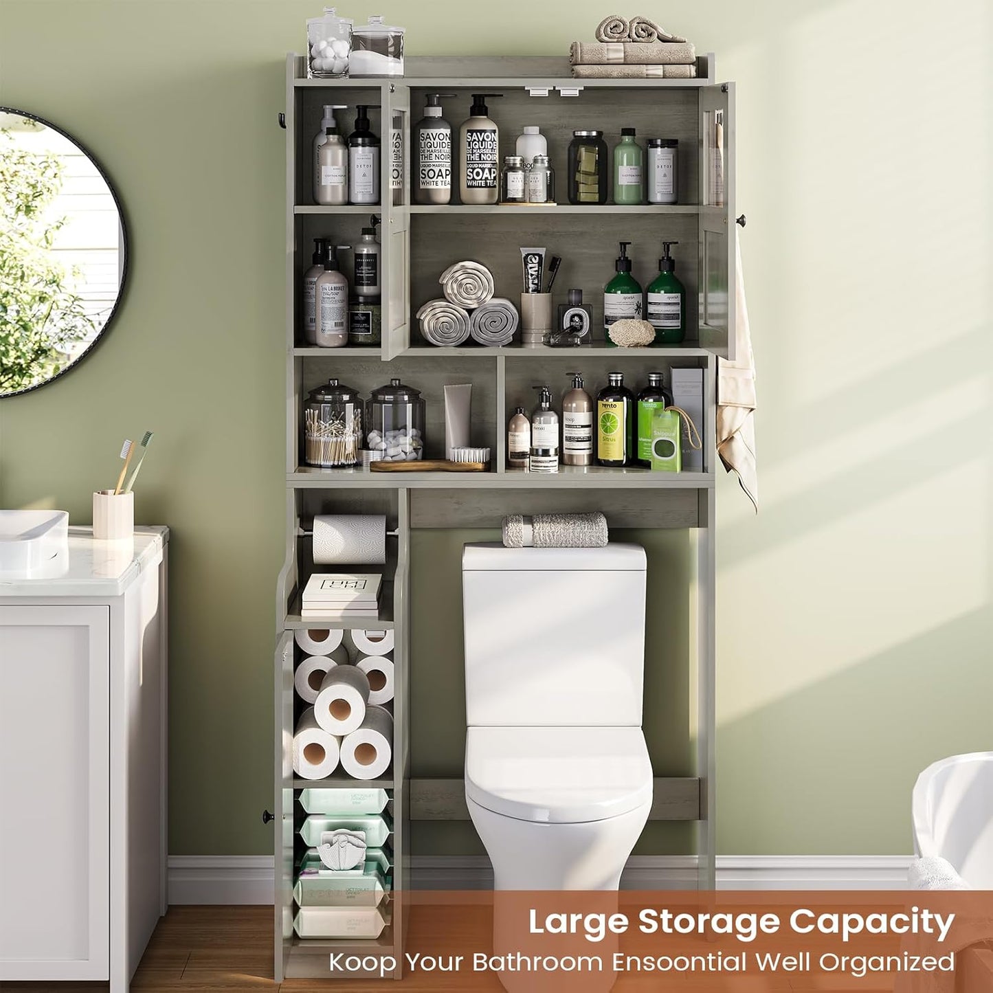 Itaar Over The Toilet Storage Cabinet, Over Toilet Bathroom Organizer with Glass Doors & Toilet Paper Holder Stand, Home Space-Saving Toilet Rack, for Bathroom, Restroom, Laundry, Grey - Lumora Casa