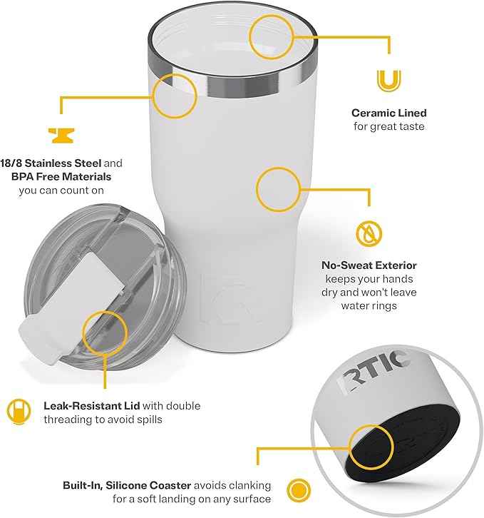 RTIC 20oz Essential Tumbler with Lid, Ceramic Lined, Insulated, Stainless Steel, Metal, Double Wall Vacuum-Insulation, Travel Cup for Iced Coffee, Tea, Hot and Cold Drink, White