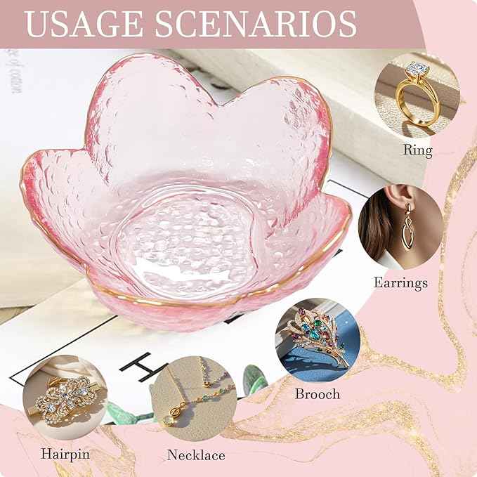 Gifts for Women Pink Flower Ring Dish Glass Jewelry Dish Jewelry Tray Cute Vanity Organizer Room Decor Aesthetic Nightstand Bathroom Decor Trinket Dish Ring Holder Dish Jewellery Tray Valentine's Gift