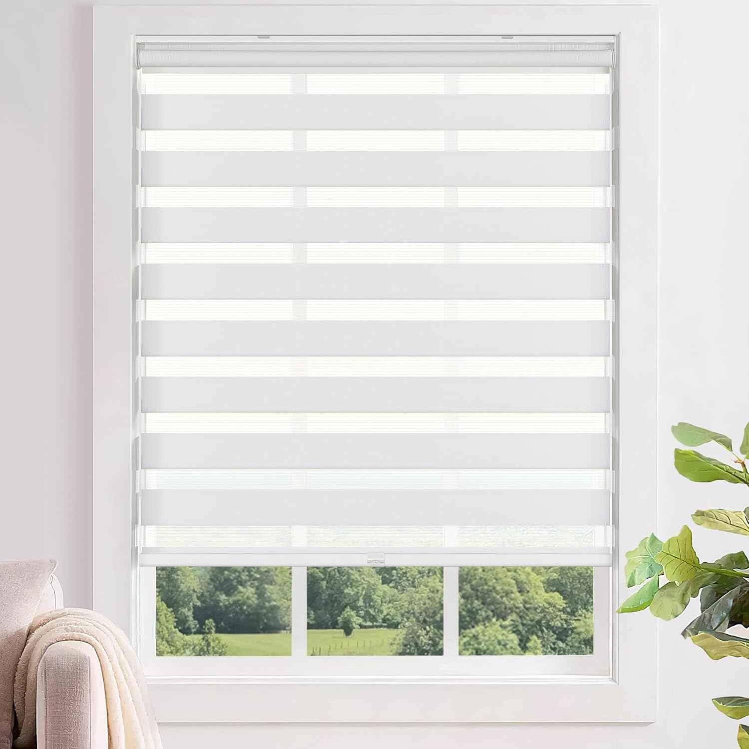LazBlinds No Tools No Drill Cordless Zebra Blinds for Windows, Dual Layer Light Control for Day and Night, Light Filtering Privacy Roller Blinds and Shades for Home, 26" W x 72" H, White