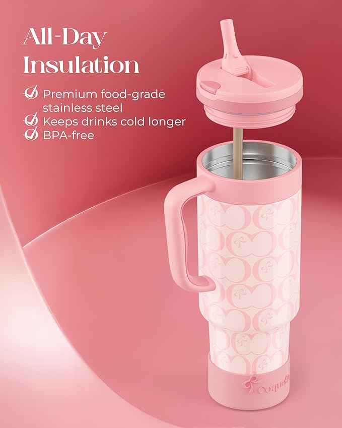 40 oz Insulated Tumbler with Handle and Push-Button Straw Lid, Stainless Steel Travel Cup for Gym Office, Leakproof, BPA-Free, Cup Holder Friendly, Bow Silicone Boot, Pink (C’ Blush)