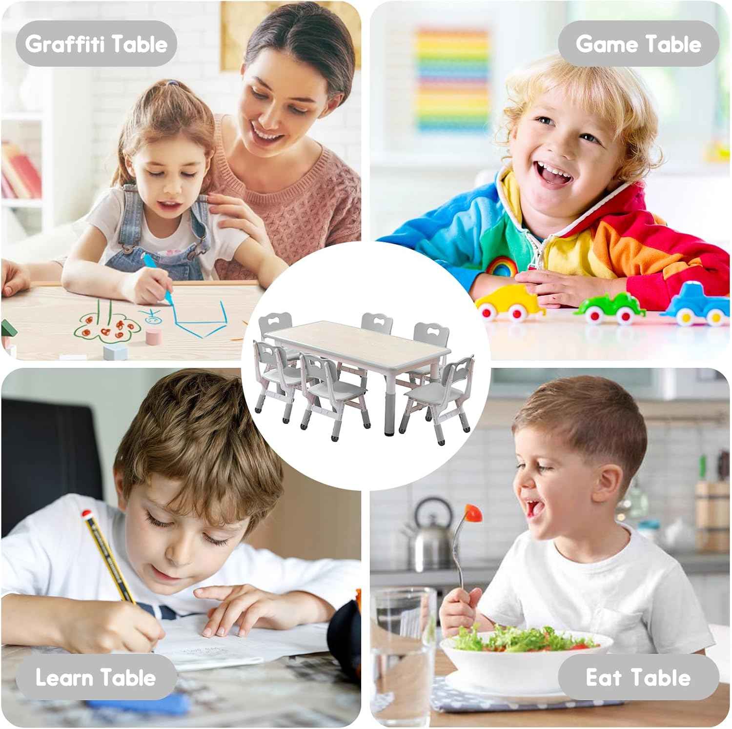 Kids Table and Chairs Set, Height Adjustable Desk With 6 Seats for Ages 2-12,Arts & Crafts Table,Graffiti Desktop, Non-Slip Legs, Max 300lbs, Children Multi-Activity Table for Classrooms,Daycares,Home