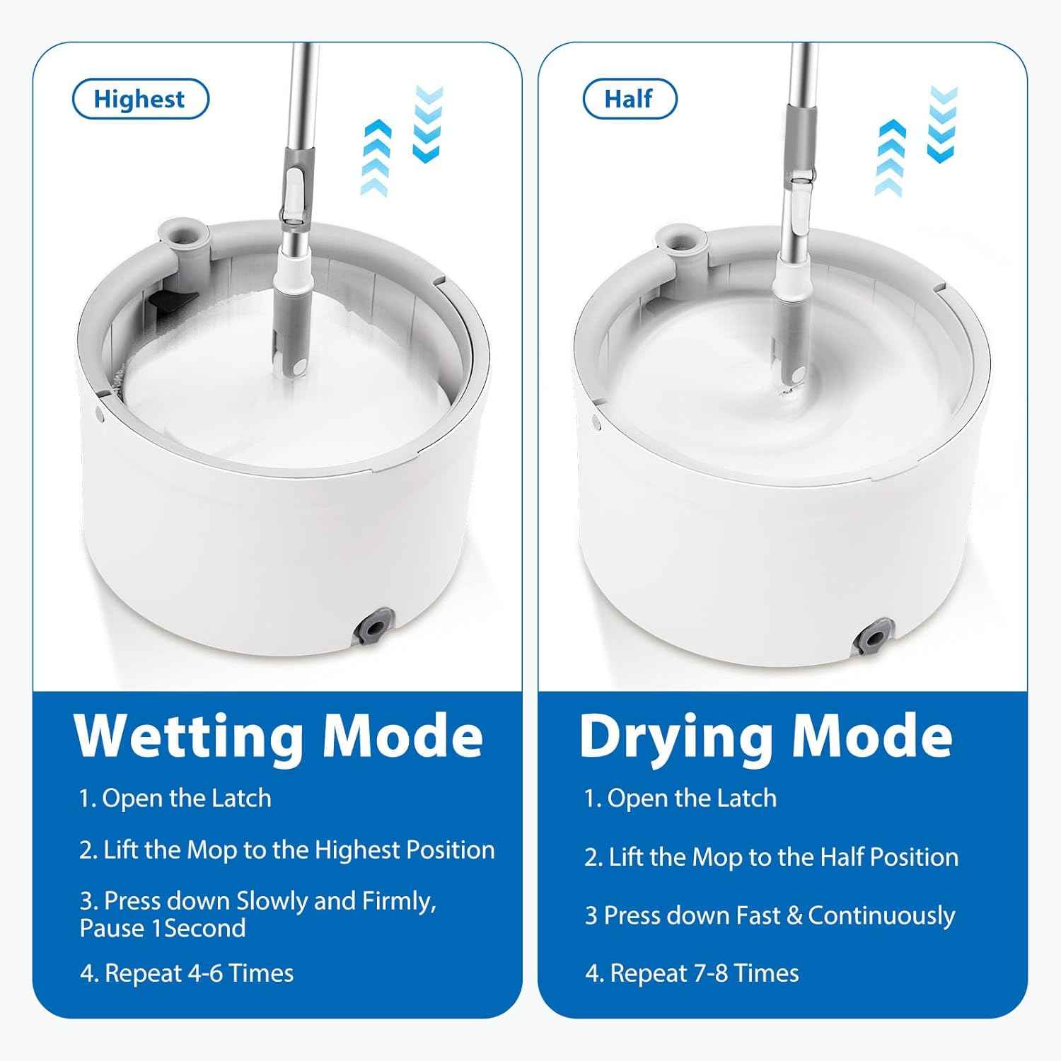 Spin Mop and Bucket with Wringer Set, 360° Spinning Mop Bucket with Separate Dirty and Clean Water System with 3 Microfiber Mop Pads and 52" Stainless Steel Adjustable Handle for Floor Wall Cleaning