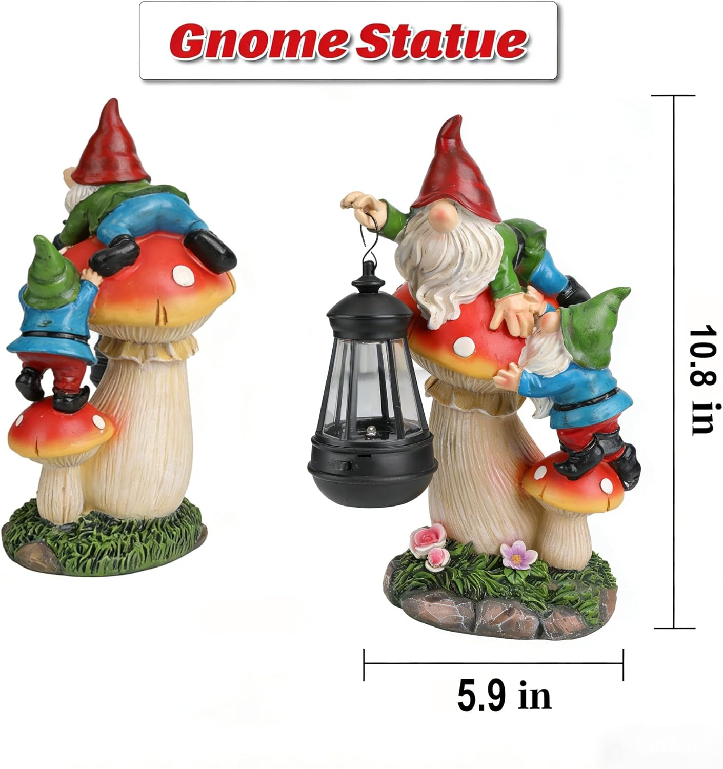 Solar Gnome Garden Statue with Mushroom Lights for Outdoor, Waterproof Garden Gnomes Decor for Yard Lawn Balcony, Cute Gnome Figurine Lights for Patio Decor, Ideal Gift for Garden Lovers & Homeowners