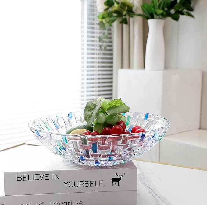 MAGCOLOR Hand Painted Blue Woven Glass Crystal Salad & Fruit Bowl Decoration,Centerpiece For Home,Office,Wedding Decor, Fruit, Snack, Dessert, Server (Blue)