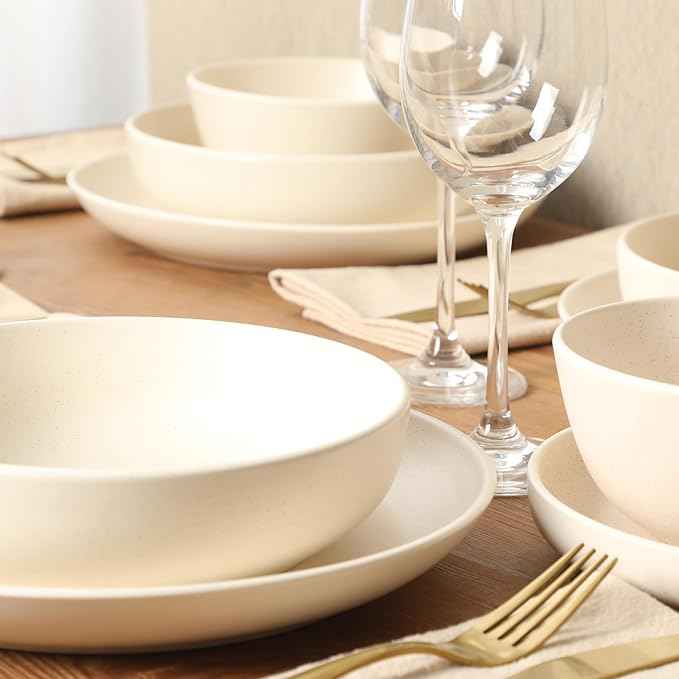 Gibson Elite Leeds Court Plates and Bowls Sets, 16-Piece Stoneware Dinnerware Sets, Cream White, Round Speckle Reactive Glaze Dish Set