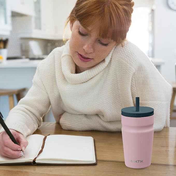 COKTIK 16oz Insulated Tumbler with Lid and Straw Iced Coffee Cup Reusable Stainless Steel Travel Mug Water Bottle Cupholder Friendly for Women Men Her Him (Blush)