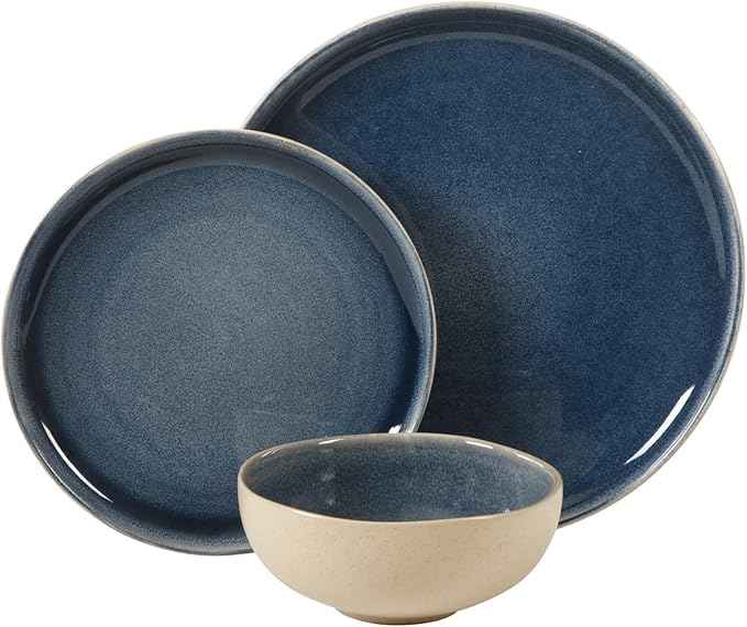 Gibson Elite Manila Bay 12-Piece Stoneware Dinnerware Set, Service for 4, Reactive Glaze Modern Artisan Plates, Bowls & Mugs, Blue, Round Design