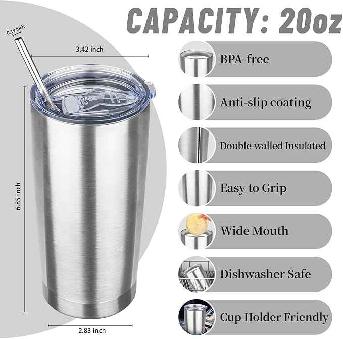 20 oz Tumbler with Lids and Straws, Stainless Steel Insulated Travel Coffee Mug, Double Wall Vacuum Insulated Tumblers, Powder Coated Coffee Tumbler for Cold & Hot Drinks (Silver, 4pack)