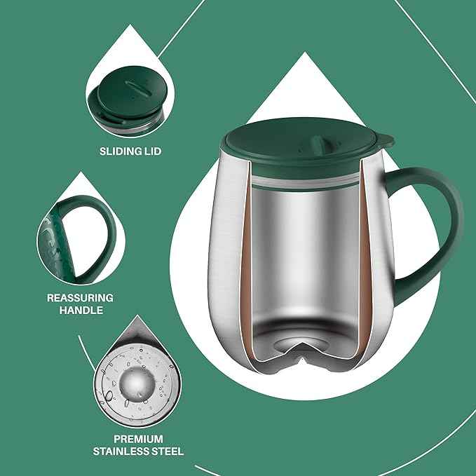 Ideus 16 oz (470 ml) Insulated Coffee Mug with Handle and Lid, Double Wall Stainless Steel Vacuum Thermal Coffee Mug, Travel Coffee Cup Thermal Cup for Home and Office, Leopard Green