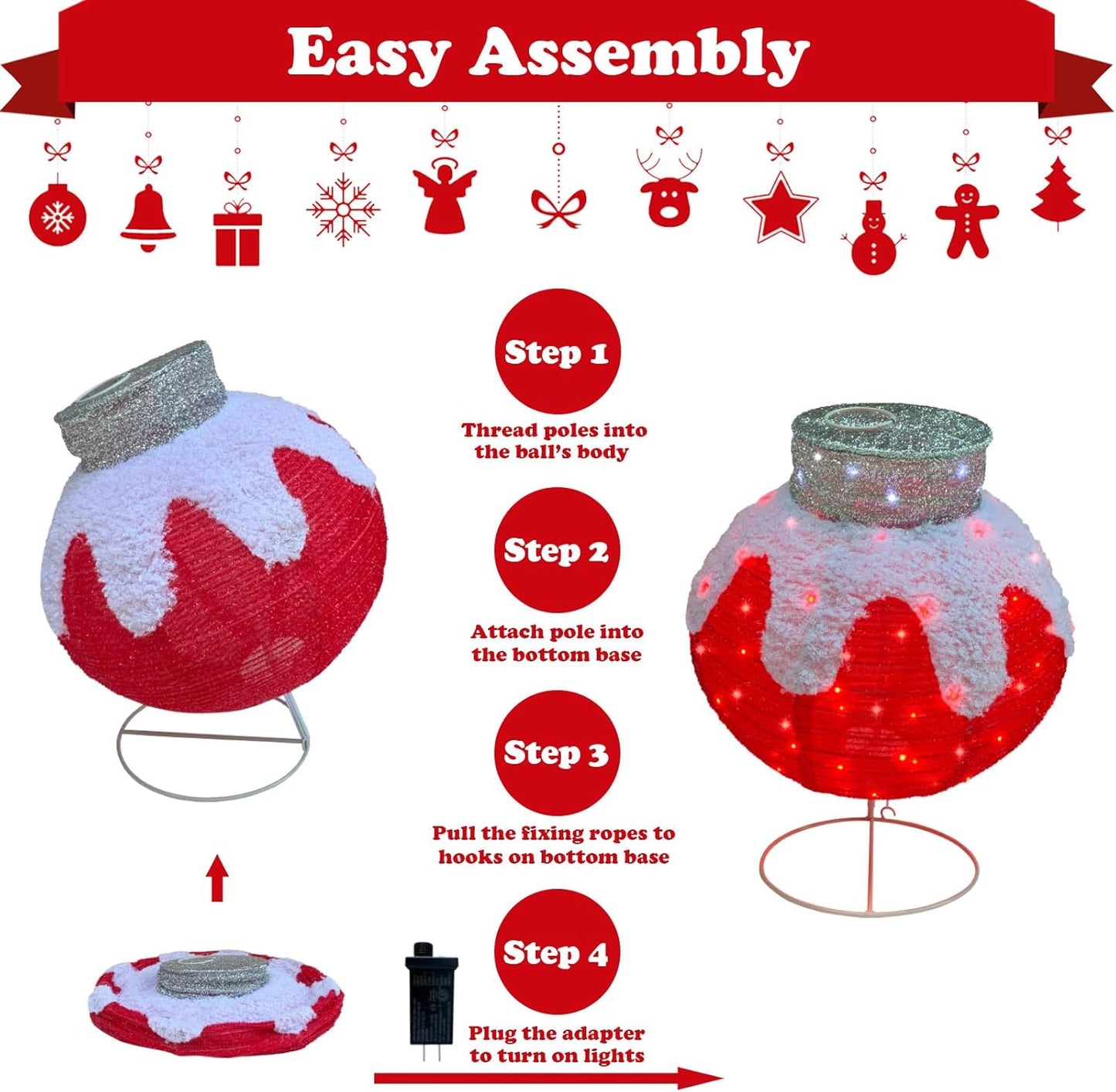 Outdoor Christmas Balls Lighted, 2pcs Pop-Up Christmas Ornaments Outdoor Decorations Prelit 160 Lights with 8 Flashing Effects, Collapsible Light Up Hanging Lantern Ball for Home Yard Decor-Red/Green