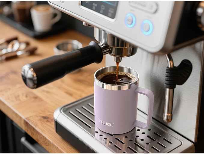TILUCK 12 oz Insulated Coffee Mug with Lid, Double Wall Vacuum Insulated Travel Mug Cup with Handle for Hot or Cold Drinks（12oz，Matte LightPurple）