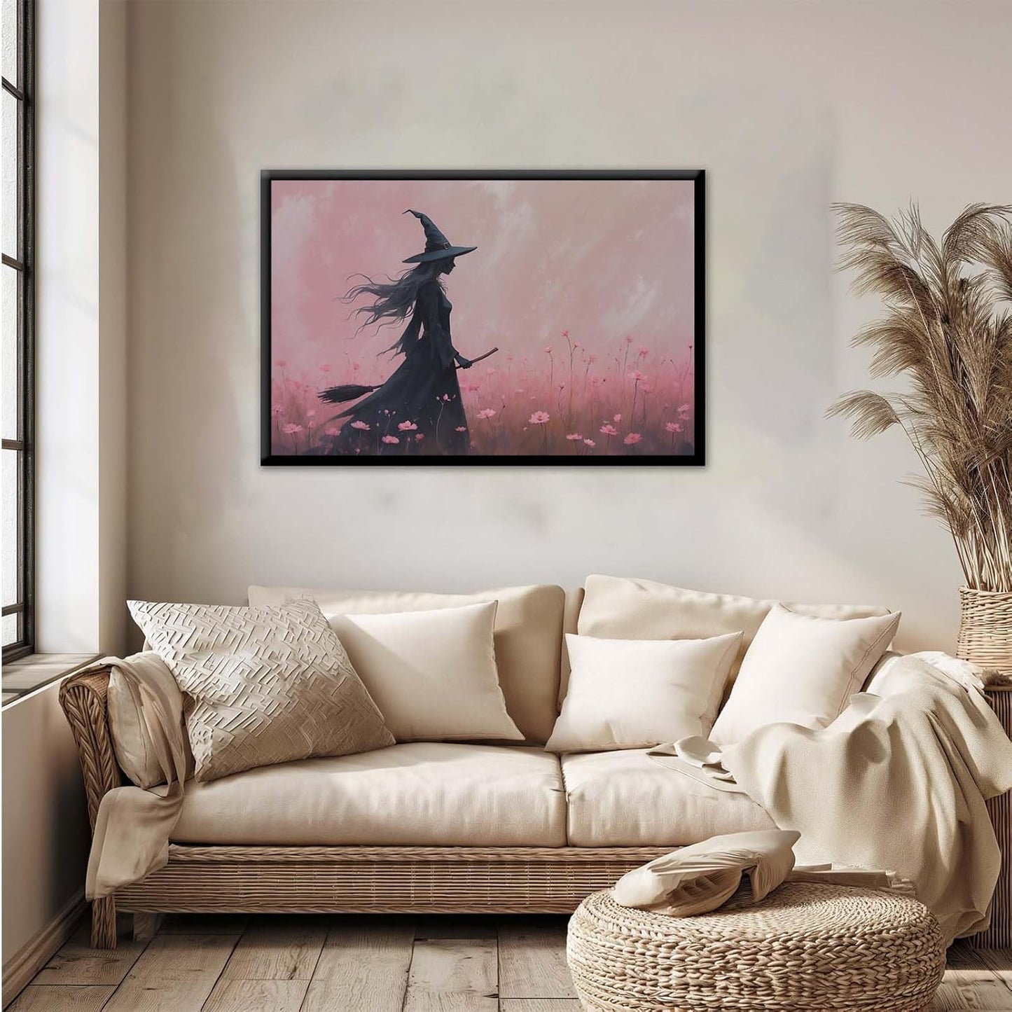 JFHCQJPK Witch in the pink sea of flowers Halloween prints weird flowers wall art silhouette painting fashionable romantic decoration suitable for bedroom12x16in Metal blackFramed