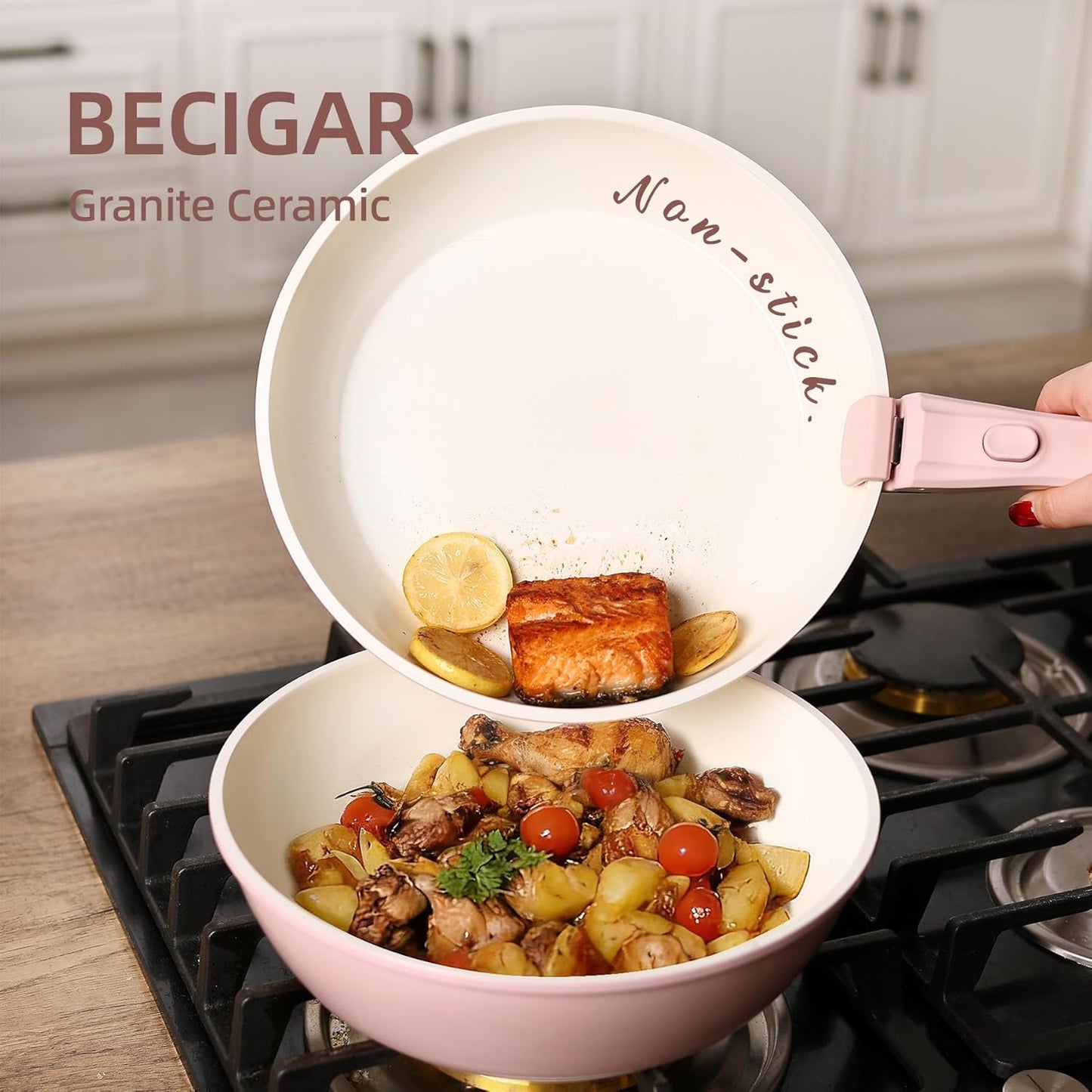 BECIGAR 23pcs Ceramic Pots and Pans Set, Nonstick Detachable Handle Cookware, Induction Kitchen Cooking Set with Removable Handle,include Frying Pans & Saucepans Oven Safe(Pink)
