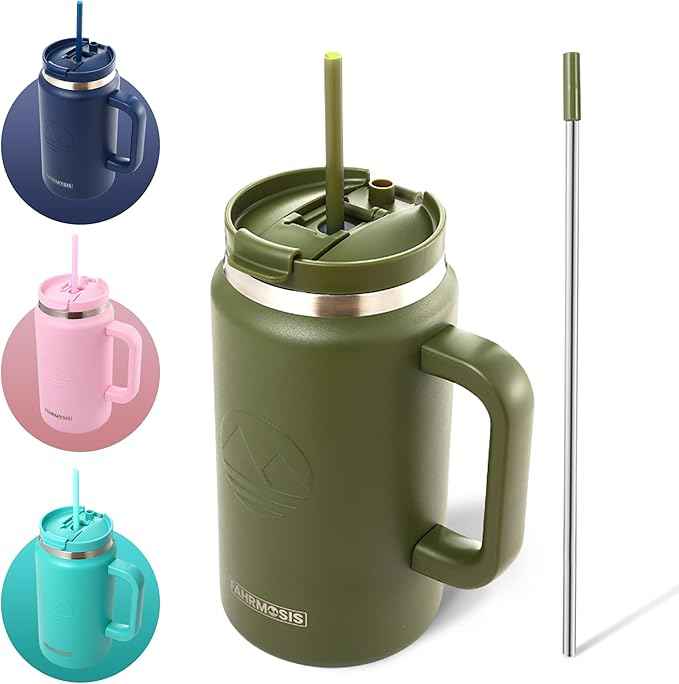FAHRMOSIS 50 Oz Tumbler with Handle and Straw Large Insulated Tumbler Stainless Steel Travel Mug for Hot & Cold Drinks, Reusable Water Bottle with Lids and Straw - Army Green