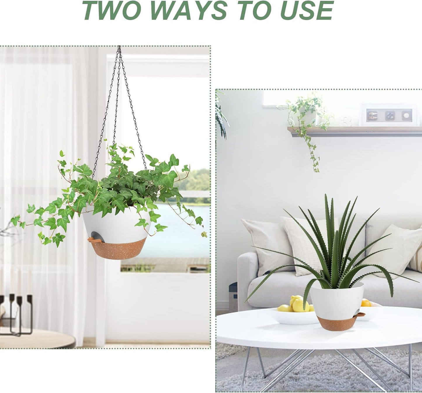 Hanging Planters for Indoor Outdoor Plants, 2 Pack Self Watering Hanging Pot with Drainage Holes & Removable Tray (White, 6'')