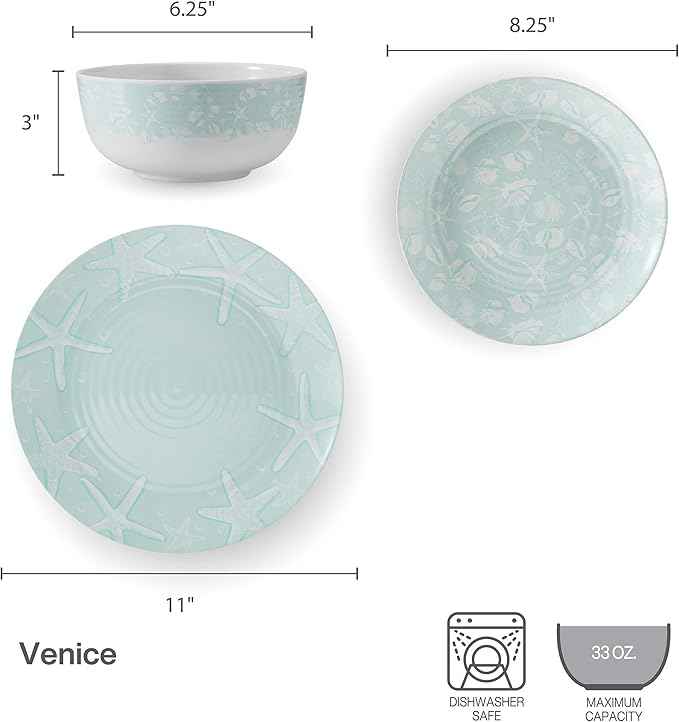 Pfaltzgraff Venice 12 Piece Outdoor Melamine Dinnerware Set, Service for 4,Teal