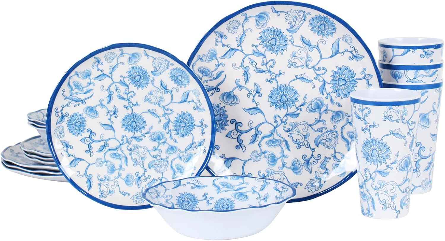 Melamine Dinnerware Set for 4-16 Pcs:Camping Dishes Set with Dinner Plates,Salad Plates,Cups and Bowls.Lightweight and Unbreakable.Indoor and Outdoor Use.