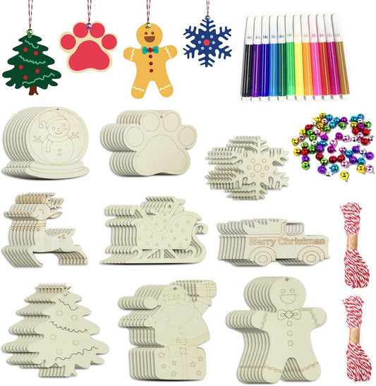 Wooden Christmas Ornaments, 176 PCS Unfinished Predrilled Wood Ornaments Set with 72 Blank Wood Slices in 9 Styles, 90 Bells and 12 Color Pens for Kids DIY Crafts and Christmas Hanging Decoration, B