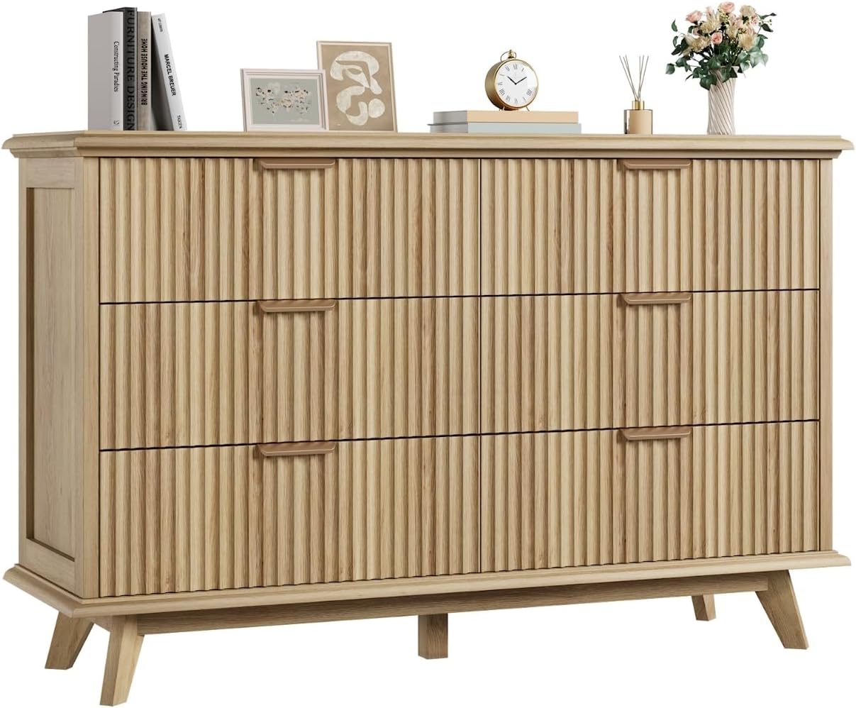 QUW Fluted Dresser for Bedroom with 6 Drawers, 47.2" Wide Modern Chest of Drawers with Metal Handle, Wooden Dresser TV Stand and Closet Clothes Storage Organizer for Living Room, Hallway, Natural Oak