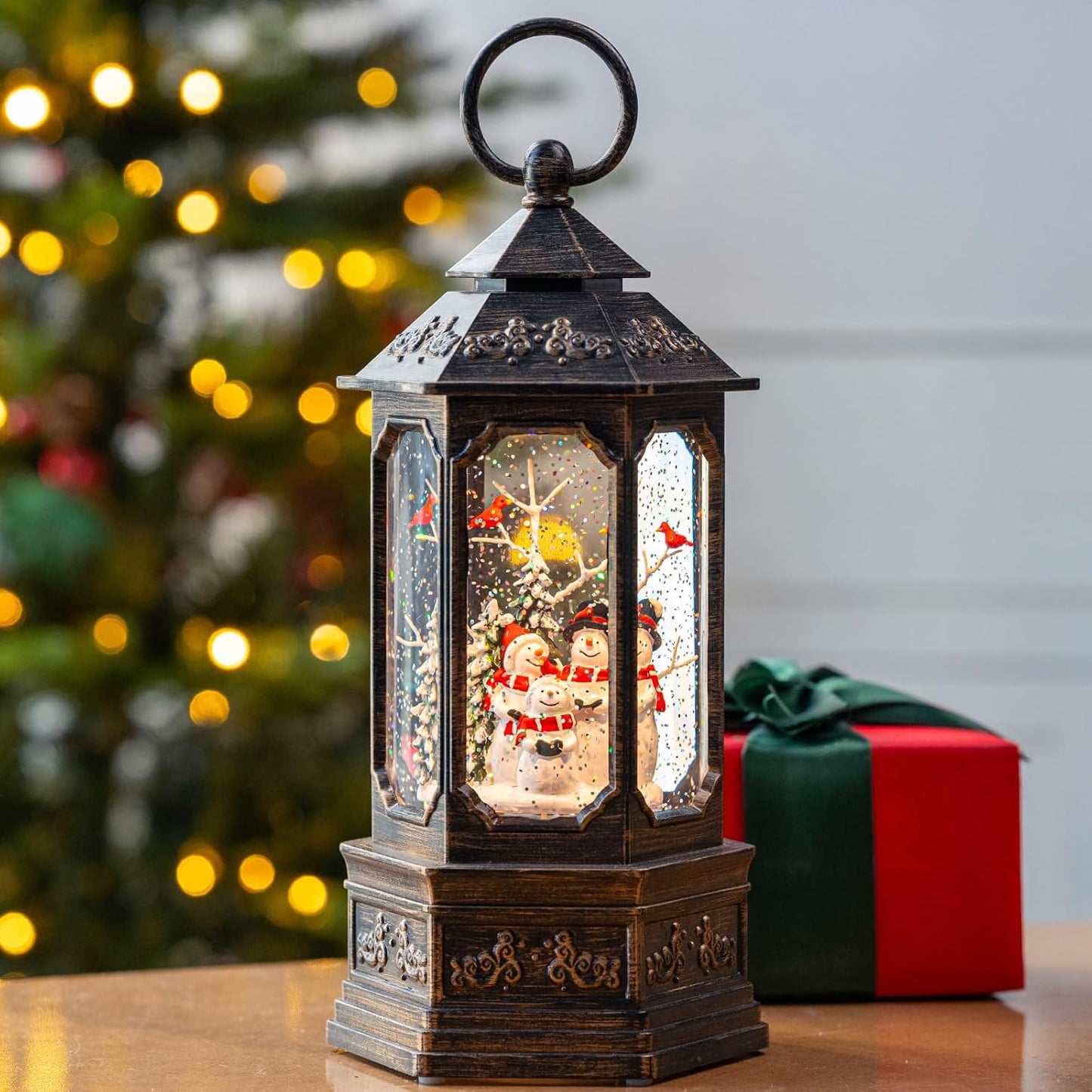 Christmas Snow Globe Swirling Glittering Snowman Choir & Cardinal with Music & Timer, USB Lined/Battery Operated Lighted Water Lantern for Christmas Festival Decoration Gifts