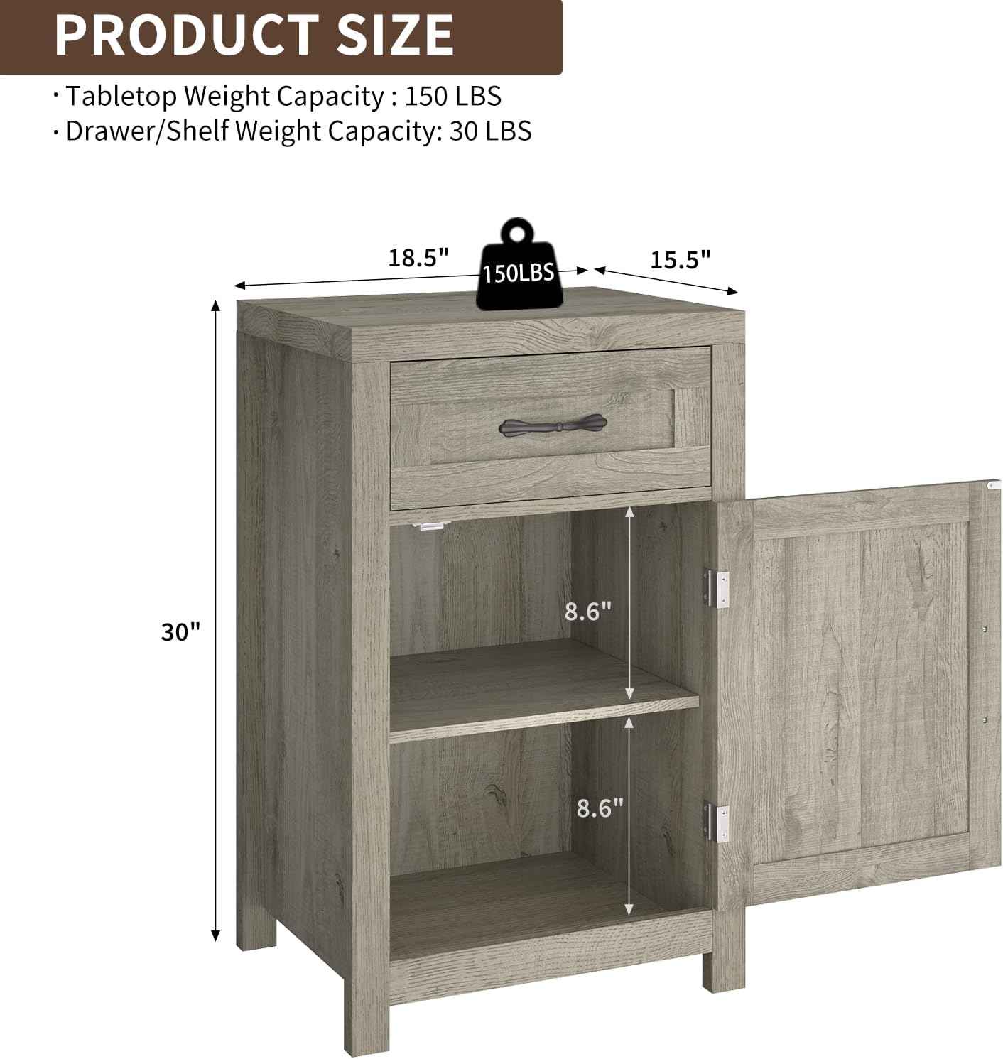 Farmhouse Nightstand Set of 2 with Drawer, 30" End Table with Storage Cabinet and Adjustable Shelf, Tall Bedside Table Rustic Wood Sofa Side Table for Living Room, Bedroom, Grey