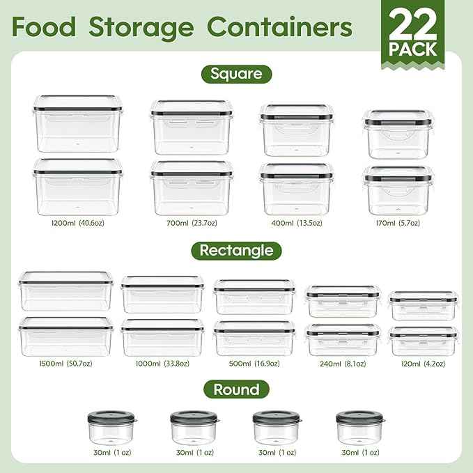 KEMETHY 44-Piece Food Storage Containers with Lids(22 Containers & 22 Lids), Plastic Food Containers for Pantry & Kitchen Storage and Organization, BPA-Free, Leak Proof, Reusable with Labels & Pen