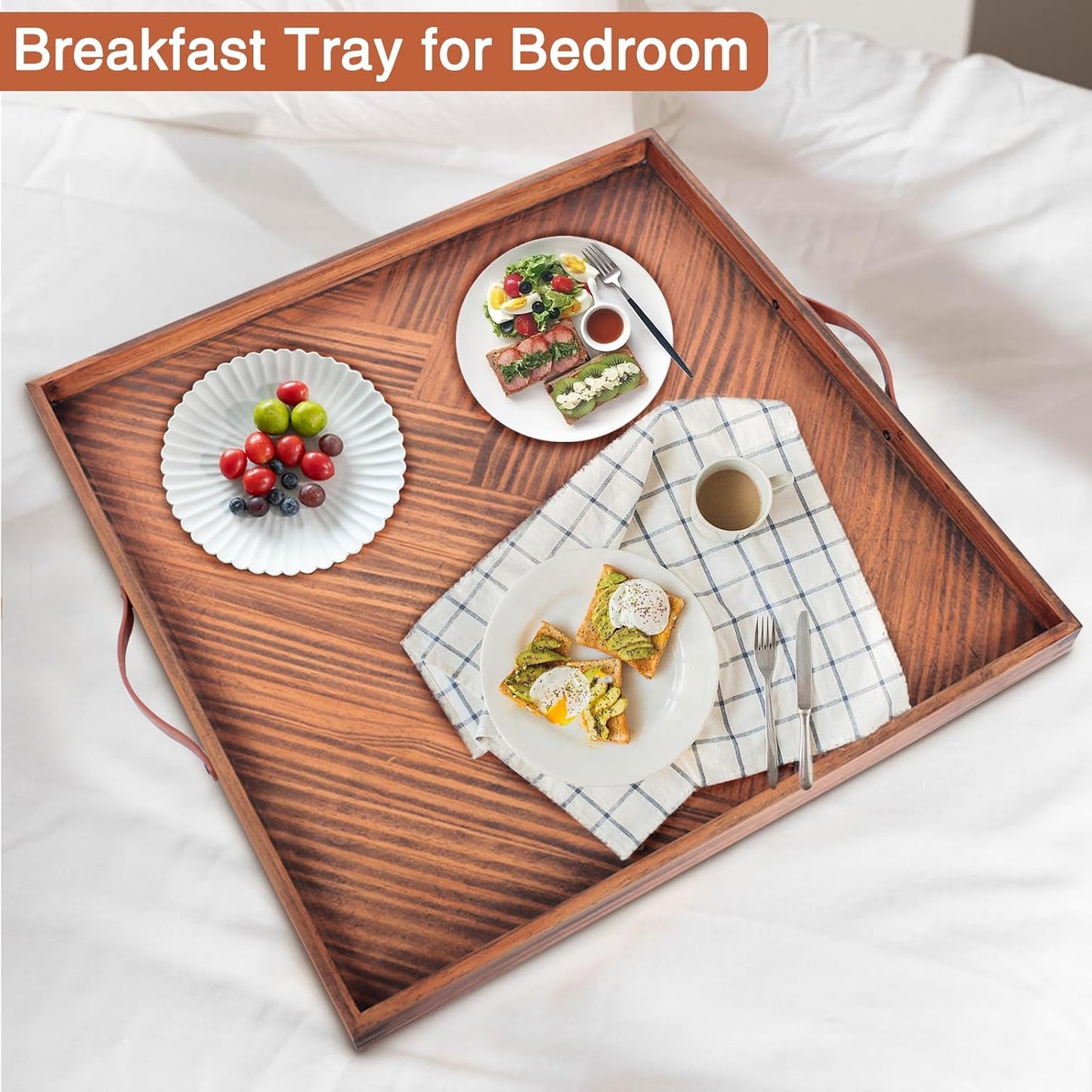SXNOWS Large Ottoman Wood Trays, Wooden Serving Tray with Handles, Large Ottoman Tray, Square Wooden Serving Tray for Coffee Table, Living Room and Kitchen, 24 x 24 inch
