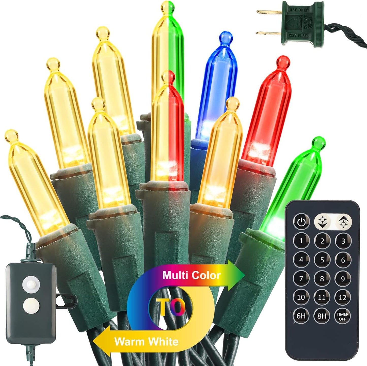 Brizled Color Changing Christmas Lights, 33ft 100 LED Connectable, 12 Modes Warm White & Multicolored Xmas Tree Lights with Remote, Dimmable for Indoor/Outdoor Decor