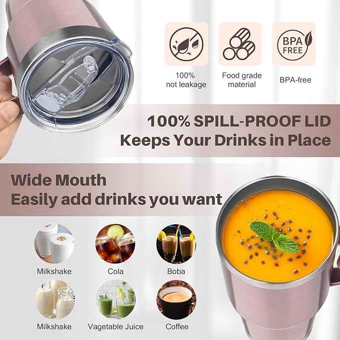 30 oz Stainless Steel Tumbler with Handle, Double Wall Vacuum Insulated Coffee Mug Tumbler with Lid and Straw, Thermal Cup for Cold and Hot (Rose Gold)
