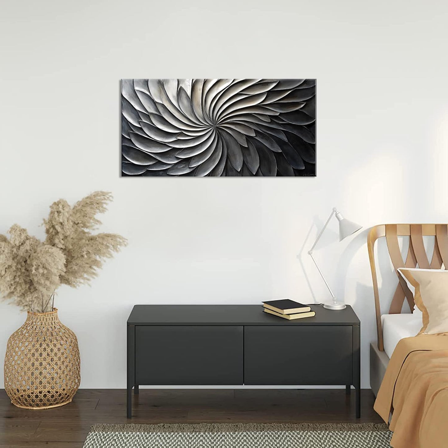 LASMOND Abstract Black and White Wall Art for Living Room Modern Canvas Print Painting Lines Flower Floral Large Artwork Bedroom Home Office Wall Décor (30x16 Inches)