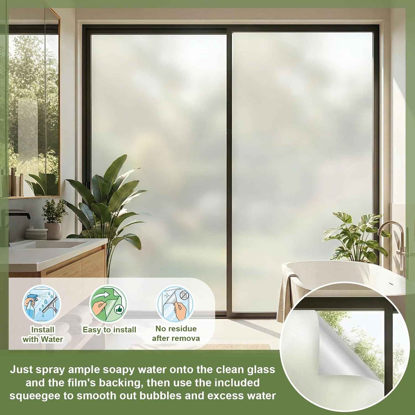 16 in x 40 ft Frosted Window Privacy Film Heat Control UV Blocking with Tools, Static Cling Non-Adhesive Reusable, 2 Way Frosting Privacy Film for Glass Windows for Bathroom Home Office