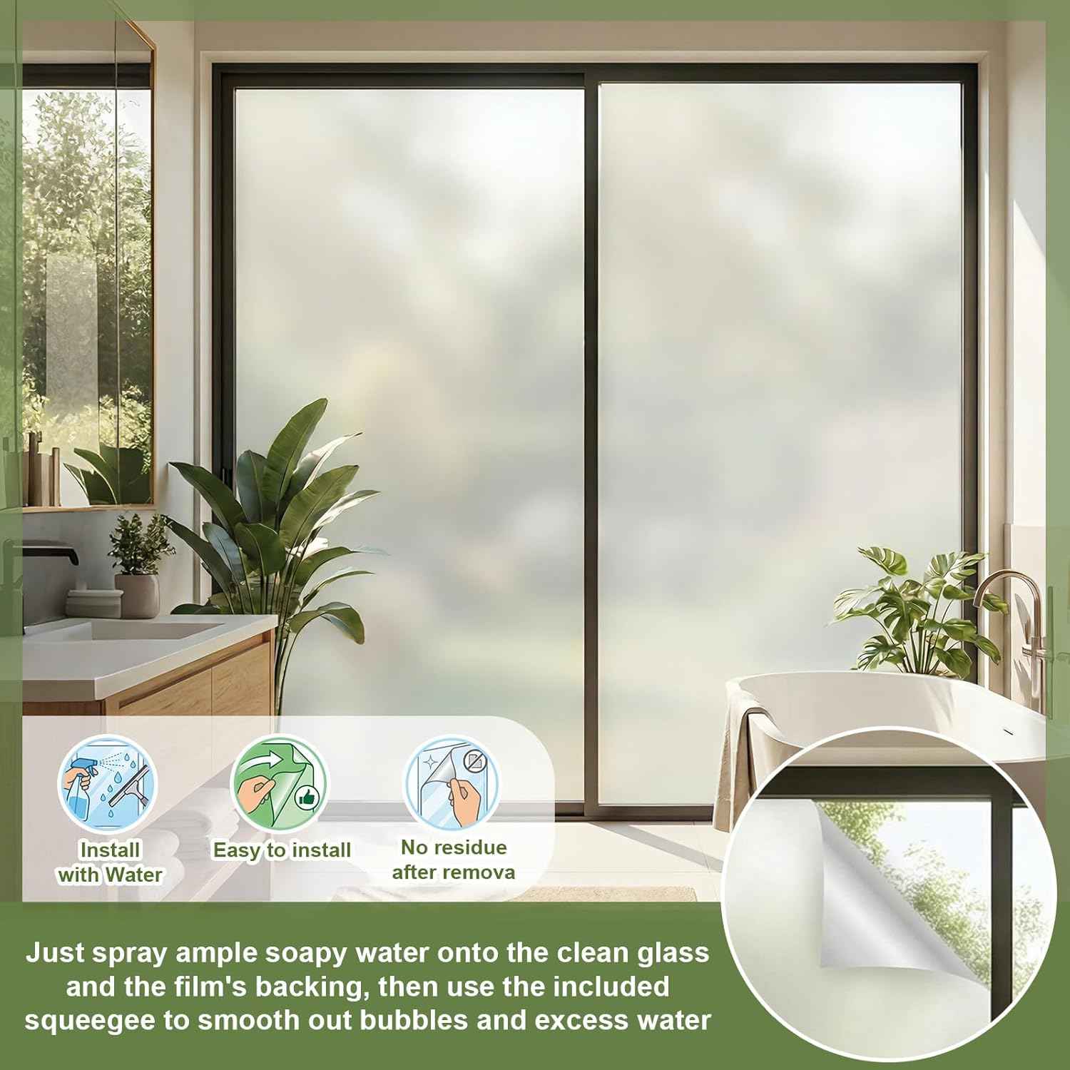 16 in x 40 ft Frosted Window Privacy Film Heat Control UV Blocking with Tools, Static Cling Non-Adhesive Reusable, 2 Way Frosting Privacy Film for Glass Windows for Bathroom Home Office