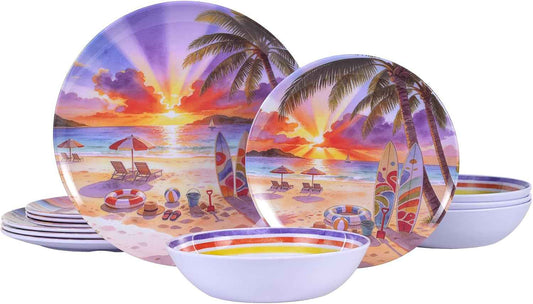 12 Piece Melamine Plates and Bowls Set - Beach Sunset Melamine Dinnerware Set for 4，Unbreakable Dishes Set，Stackable Lightweight Plates & Bowls for Indoor & Outdoor Use，Tropical Sunset