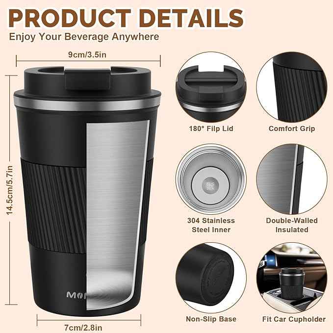 MOMSIV 12oz Travel Mug, Insulated Coffee Cup with Leakproof Lid, Vacuum Stainless Steel Double Walled Reusable Tumbler for Hot and Cold Water Coffee and Tea In Travel and Car (Black - 380ml)