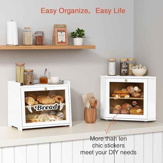 Goozii White Corner Bread Box for Kitchen Countertop, 2 Tier Breadbox for Sourdough Loaf, Modern Bread Storage Container for Island Counter Top Organizer, Cabinet Cupboard Pantry Shelf (Bamboo Wood)