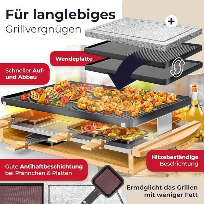 KESSER Raclette Grill with Natural Stone, Table Grill Plate for 8 People, Electric Raclette Grill with Non-Stick Plate, 8 Pots and Wooden Spatula 1200W