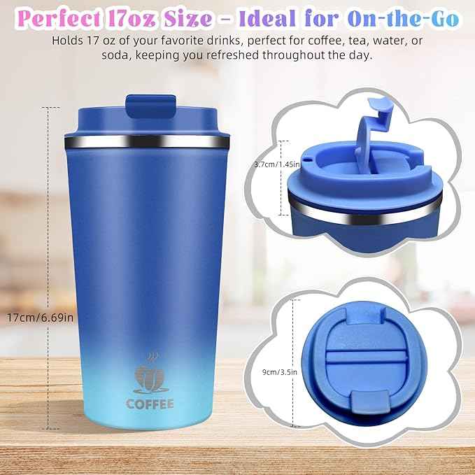 17oz Insulated Travel Coffee Mug with Flip Lid – Leakproof Stainless Steel Insulated Coffee Tumblers, Reusable Coffee Cup for Hot & Cold Drinks, Perfect for Camping & On-the-Go
